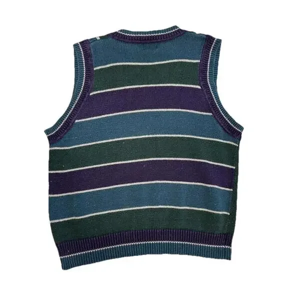 Vintage Structure Sweater Vest Mens L Blue Green Purple 90s Stripe V Neck Preppy - Picture 2 of 6